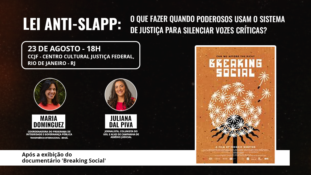 Maria Dominguez e Juliana Dal Piva debatem a defesa da liberdade de expressão contra assédio judicial na programação do Festival Internacional do Audiovisual Ambiental