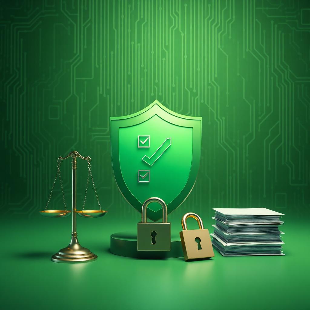 Green shield with check marks, two padlocks, scales, and a stack of documents on a circuit-board background, symbolizing data security and privacy guardrails.
