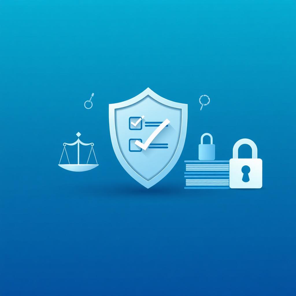 Blue shield with two checkboxes and a large checkmark, surrounded by scales of justice, a padlock, and stacked books on a blue gradient background, conveying security and privacy.