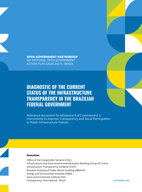 Cover page of a report on Brazil's infrastructure transparency, with bold blue fields and geometric green-yellow shapes.