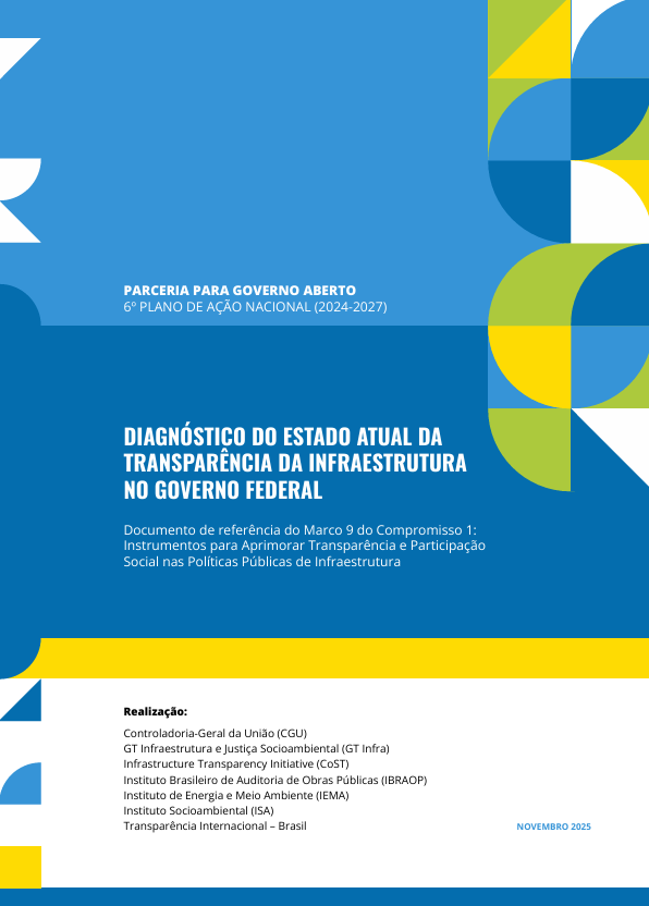 Capa do programa Open Government Partnership: diagnóstico do estado atual da transparência da infraestrutura no governo federal, com fundo azul e formas geométricas coloridas à direita.