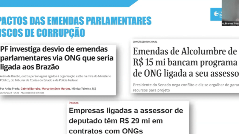 Guilherme France, da Transparência Brasil, mostrou como as emendas parlamentares se tornaram
