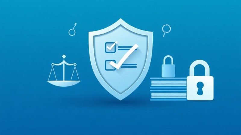 Blue shield with two checkboxes and a large checkmark, surrounded by scales of justice, a padlock, and stacked books on a blue gradient background, conveying security and privacy.